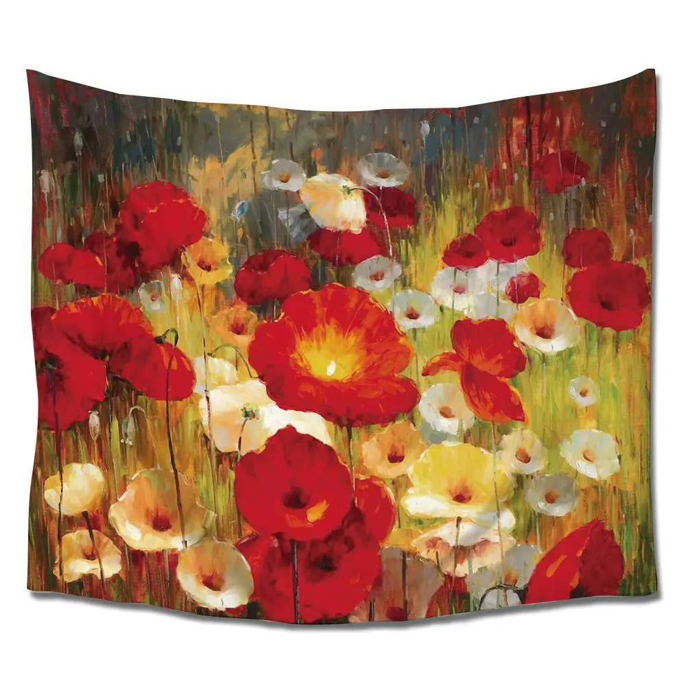 Watercolor Poppy Flower Painting Wall Art Tapestry Hangings Polyester
