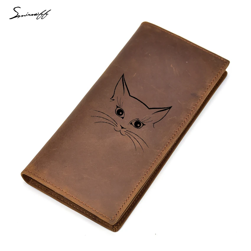 

Smirnoff Custom Logo Slim Wallet Men Multi Card Holders Zip Coin Pocket Purse Leather Men Wallet Cute Cat Face Long Purses