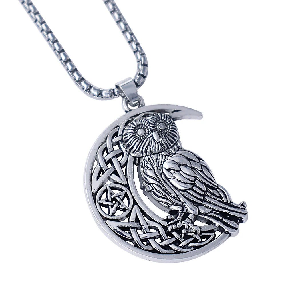 VASSAGO Vintage Owl Animal Sitting on Moon Star Pentacle Irish Celtic Knot Pendant Amulet Necklace