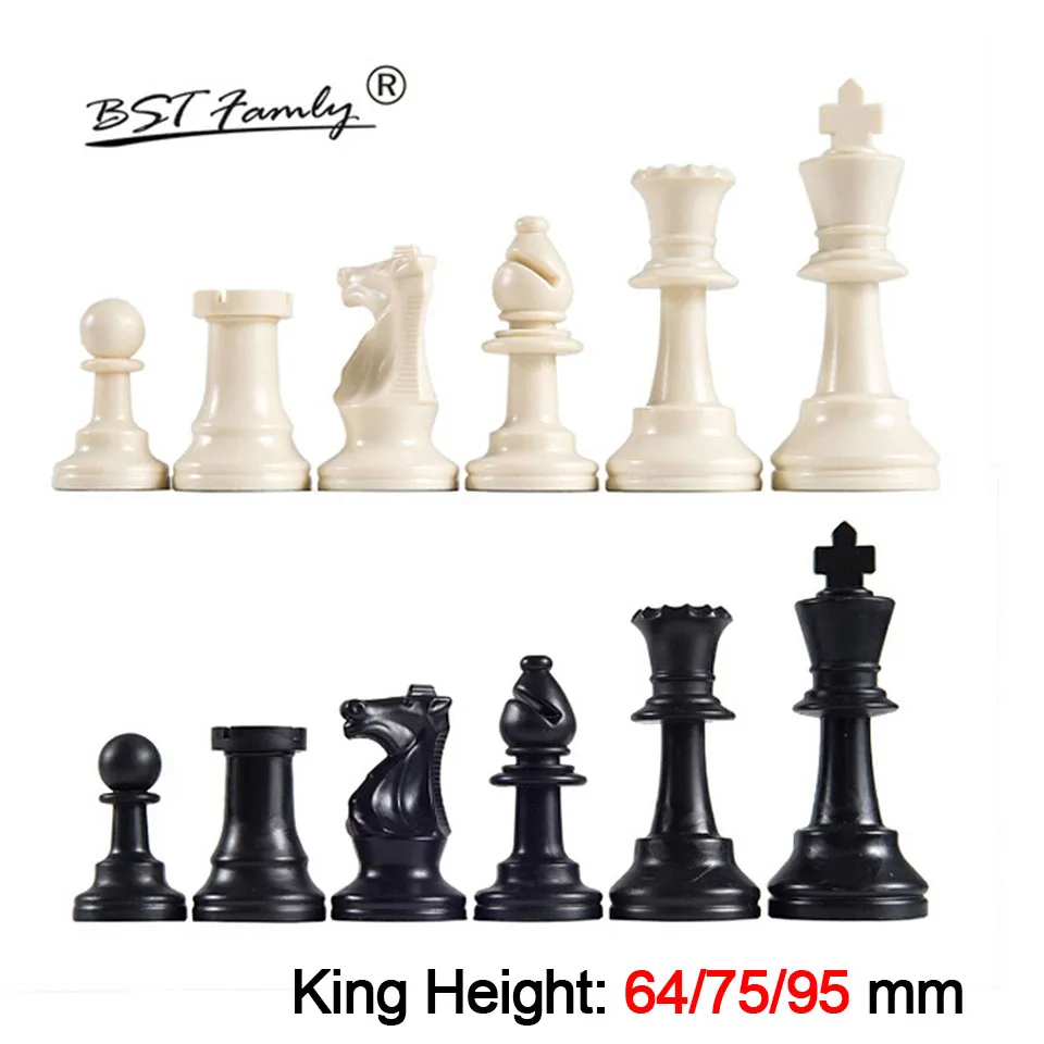 Plastic Chess Pieces Set King Height 64 & 75 & 95 mm Chess Game Black White Standard Chessmen for International Competition IA13