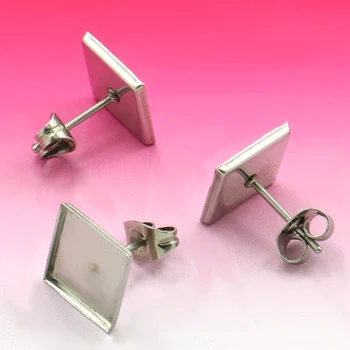 

Blank Stainless Steel Stud Earrings Bases with 9.8mm Square Bezel Cameo Cabochons Earrings post with Stopper Backs DIY Findings