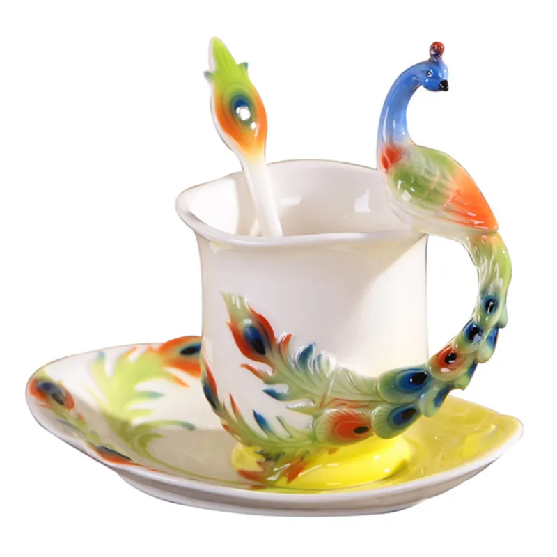Colored Enamel Porcelain Peacock Coffee Mug Set China Bone Ceramic Tea Mlik Cup and Saucer With