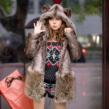 

Thick Warm Animal hoodie Coat Cute Ears and Tail Faux Fur Pockets Overcoat Loose Casual Casaco Feminina Inverno high Quality E86