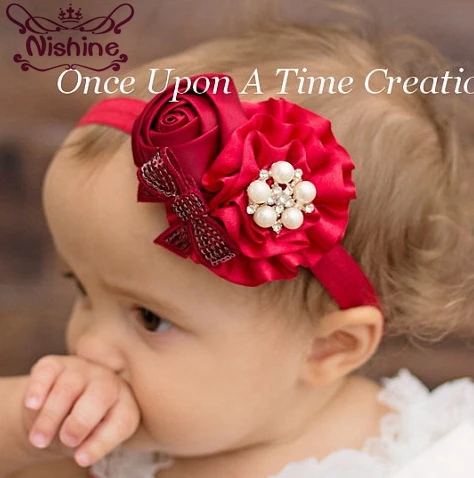 

Nishine 1PCS New Girls Flower Headband Rose Bow Pearl Elastic Hairbands Hair Accessories Children Headwear