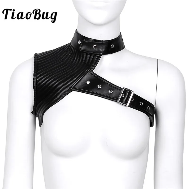 

TiaoBug Women Black Faux Leather Halter Crop Top One Shoulder Adjustable Steampunk Gothic Chest Harness Belt Sexy Corset Bustier