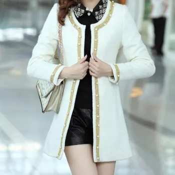 

Spring Fashion New Korea Womens Pearl Round Collar Jackets Female Brand Wool Blend Slim Fit Long Coat Beads Jacket Trench