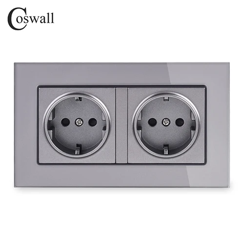 Coswall 16A двойная настенная розетка стандарта ЕС Хрустальная стеклянная панель розетка с заземлением с детской защитной дверью серый черный - Тип: Grey