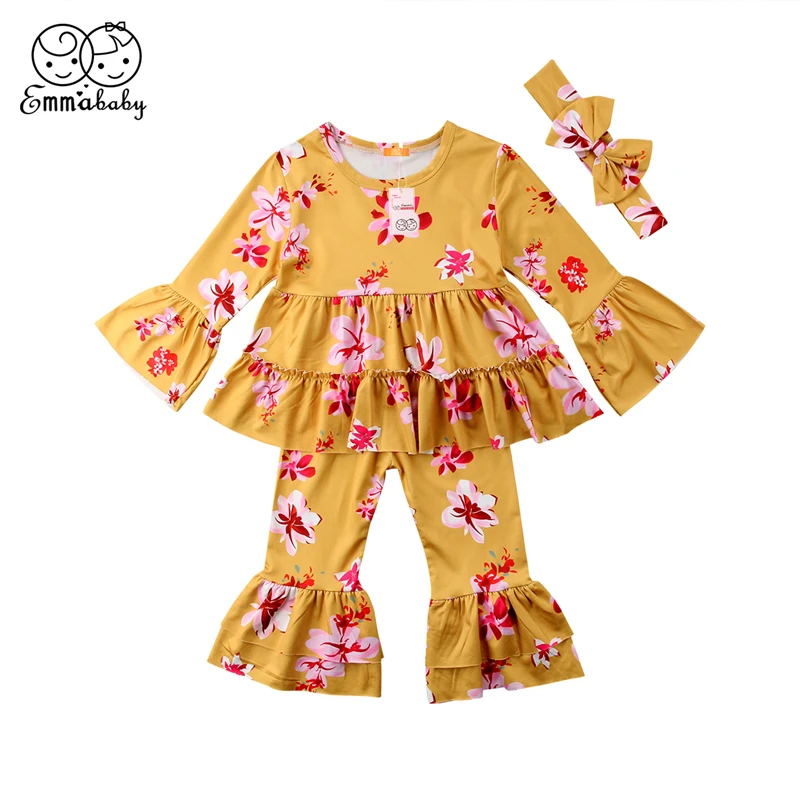 

Emmababy 0-4Y Children Kid Baby Girl clothing yellow Floral Ruffle long sleeve Dress T shirts flare Pants bebe girls Outfit Set