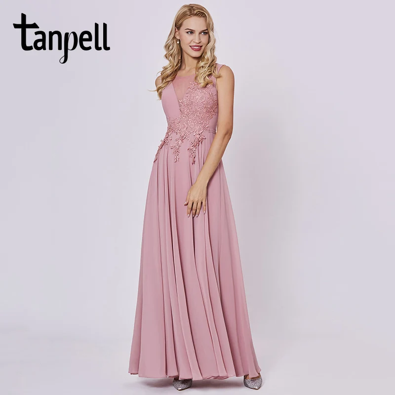 Tanpell appliques prom dresses peach sleeveless floor length