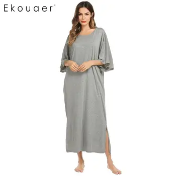 

Ekouaer Casual Nightgown Women Cotton Nightwear Dress Solid O-Neck Short Sleeve Split Hem Nightdress Female Chemise Sleepshirts