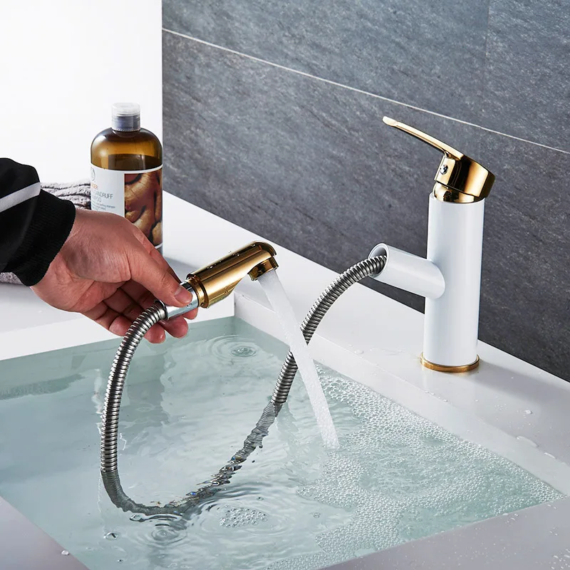 

faucet white paint draw cold hot wash basin pull out faucet tap single hole golden shampoo telescopic factory direct sale
