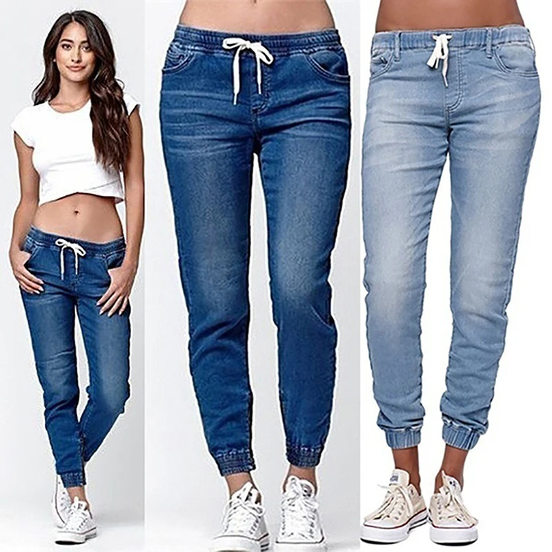 Повседневные штаны для бега, эластичные сексуальные обтягивающие джинсы-карандаш для женщин, леггинсы, джинсы с высокой талией, женские джинсовые штаны с завязками