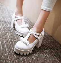 2015 new simple style Thick soles square high-heel women pump T-strap sweet bowtie women party shoes