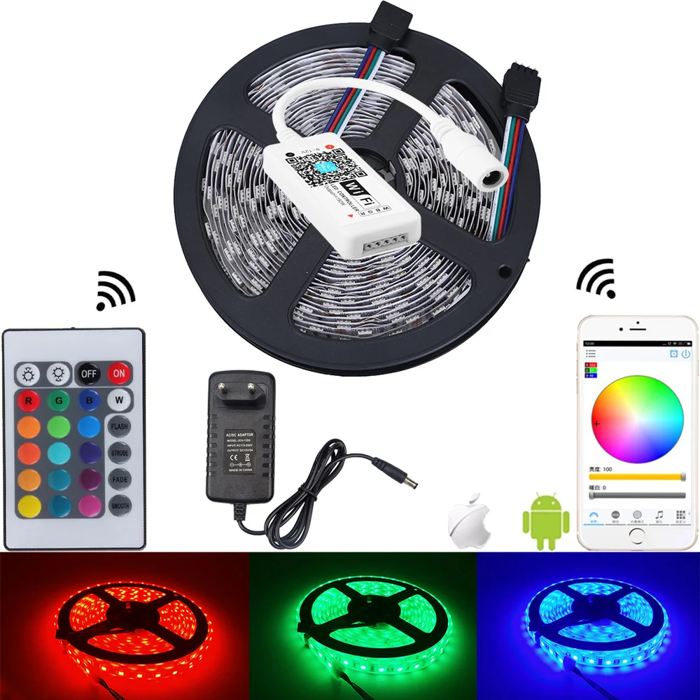 5M-20M DC12V Wifi Led Strip Light SMD 5050 RGB With 24key Controller And Adapter