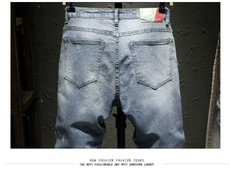 Корейская мода, повседневные тонкие рваные джинсы, Мужские обтягивающие джинсы, брюки, уличная одежда, потертые джинсы, джинсовые брюки, мужская одежда