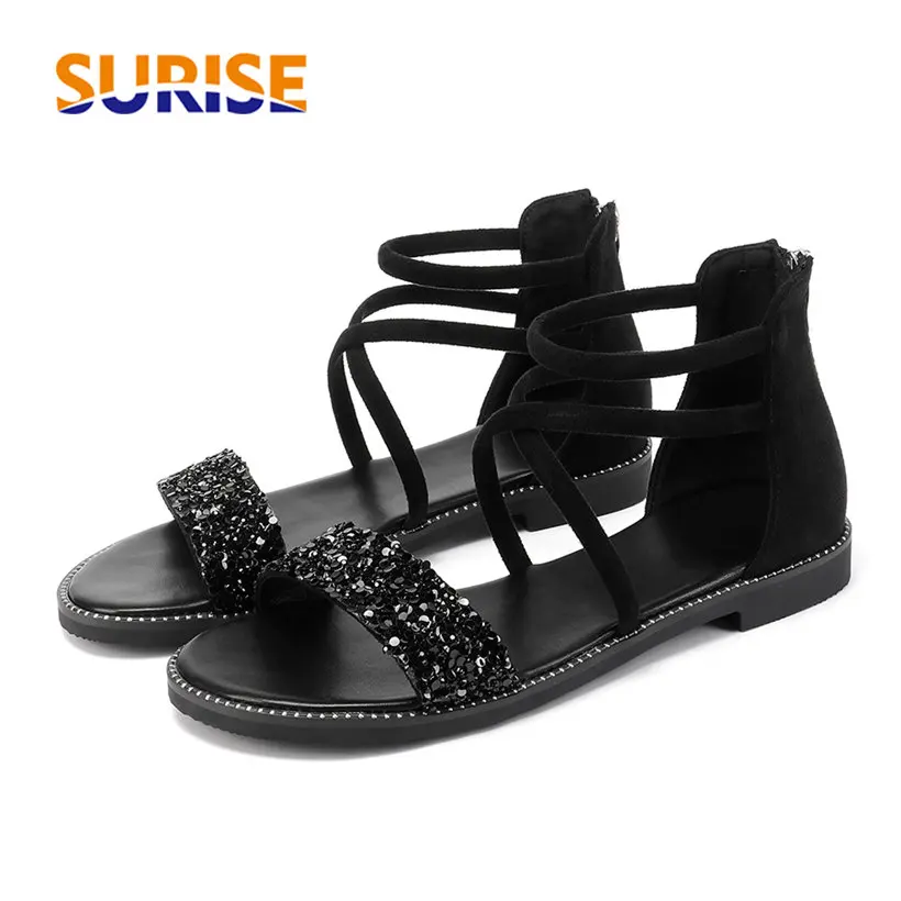 

Quality Flock Women Gladiator Sandals Soft Low Flat Heel Black Sequined Cloth Casual Office Summer Cross Strap Zipper Lady Shoes