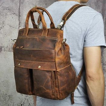 

Genuine Leather Rucksack School Daypack Travel Bag Computer Knapsack Retro Large Capacity Men Crazy Horse Cowhide Backpack