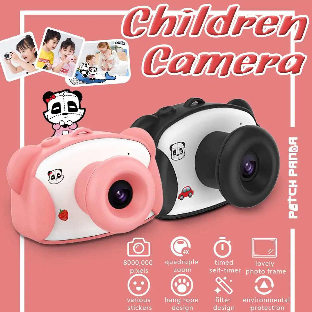 

8.0MP 1.5 Inch HD Screen Kid Camera Toys Mini Lovely Panda Kids Anti-shake Digital Camera with Cartoon Stickers Children Gifts