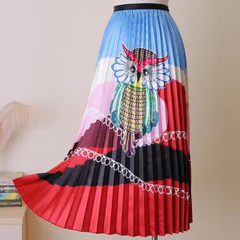 

spring autumn vintage Pleated skirt women high waist owl printed mid calf skirt