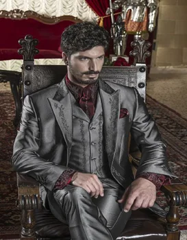 Ceny Najnowszy Groomsmen Szczyt Lapel Groom Smokingi Haft Garnitury Męskie Błyszczący Szary ślub/Prom Najlepszy Męski Blezer (kurtka + Spodnie + Kamizelka) C208