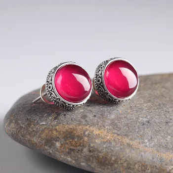 

T S925 decorated silver earrings female Thai silver jewelry red corundum Black Earrings