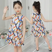 Summer Dress 2020 Striped Pattern Girls 100% Cotton Sleeveless Princess Dresses O-neck Girls Dress 4 5 7 9 10 to 12 Years Old cute sleeveless scoop neck striped flower embellished dress for girls