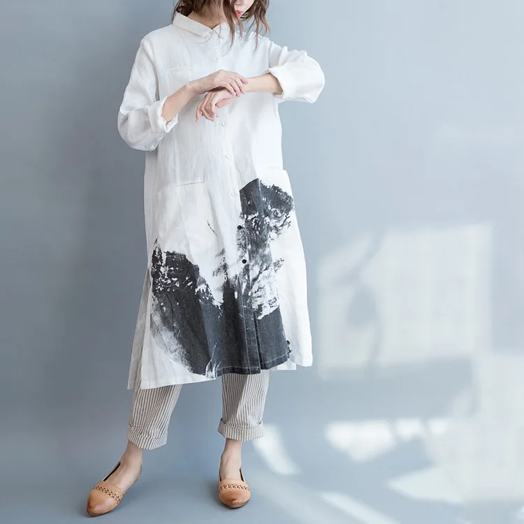 LZJN Vintage Painting Style Summer Long Dress Long Sleeve Shirt Woman Lady Loose Big Size Casual Fashion Button Down Shirt Dress (13)