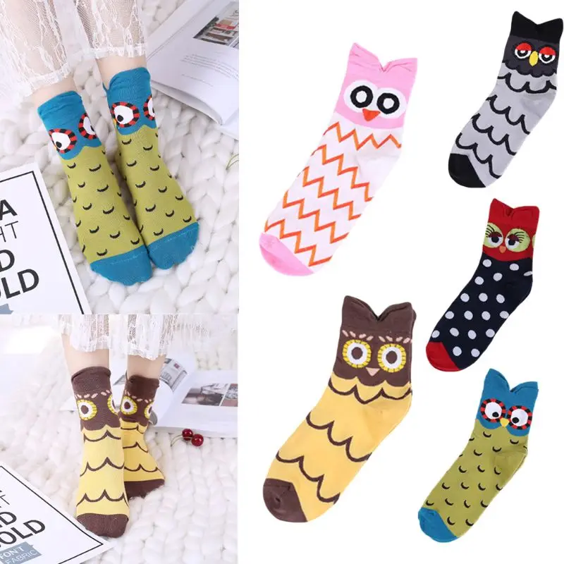 Для женщин обувь для девочек весна Harajuku Длинные Экипажа Носки Мультфильм Сова Emoji полосы печатных хлопок Чулочно-носочные изделия