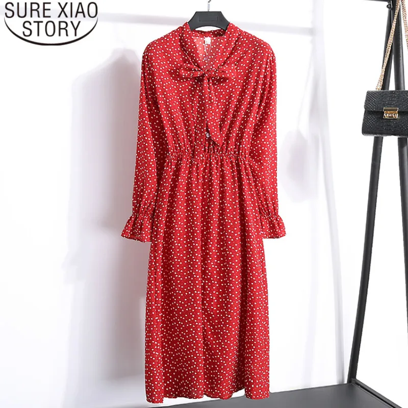 Шифоновое платье трапециевидной формы в горошек для офисных леди, модные летние женские платья, красное женское платье с v-образным вырезом и пуговицами 3527 50