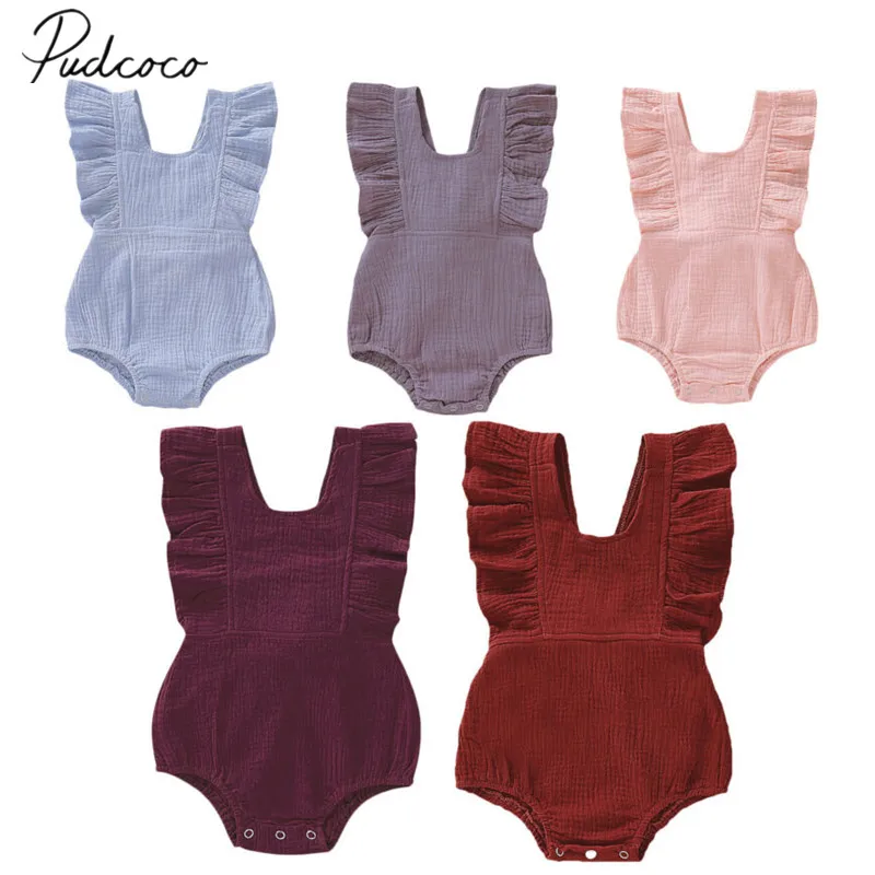 

2019 Baby Summer Clothing Cotton Newborn Baby Girl Boy Top Solid Bodysuits Ruffled Sleeveless Jumpsuit Playsuit Outfits Clothes