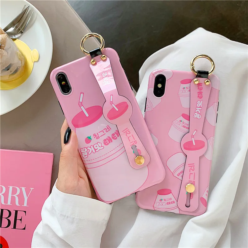 

Lovely Cartoon Korean Milk Drinks Phone Case For iPhone Xs MAX Xr X 6 6S 7 8 Plus Painted Fun Pattern Strap Soft IMD back cover