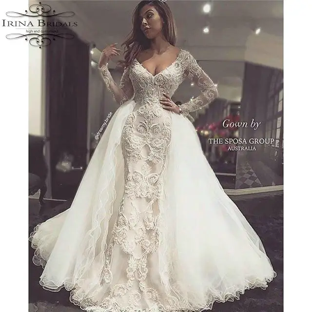 Vestidos de noiva luxo 2019 свадебное платье с длинным рукавом Русалка Кружева Аппликация