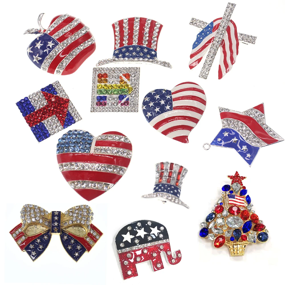 

Crystal Rhinestone cross flag/USA hat shape/apple /love heart shape/bow-knot 4th of July American USA Flag Patriotic Pin Brooch