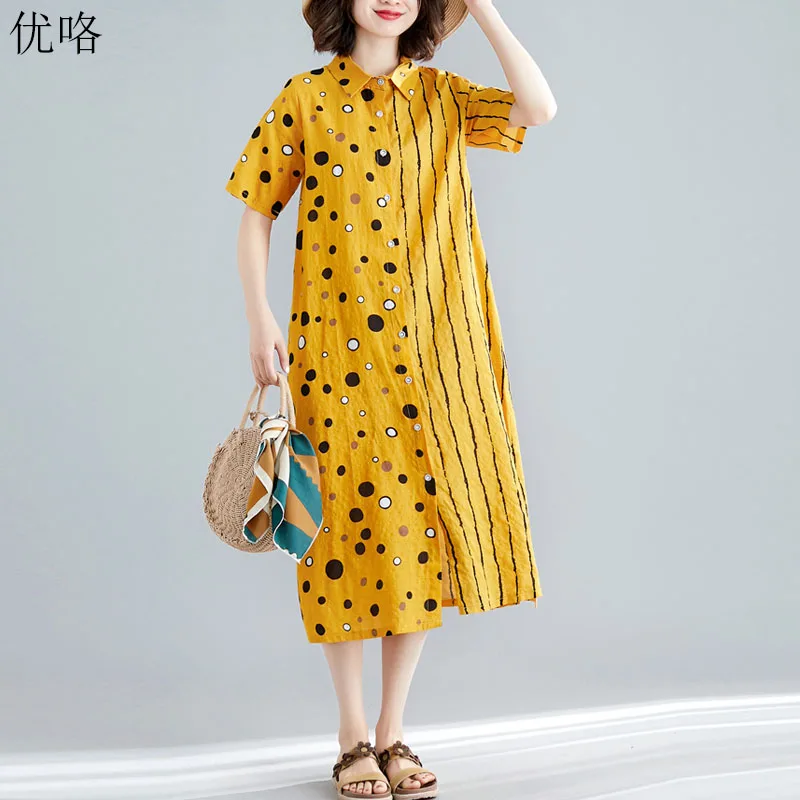 

2019 Summer Vintage Cotton Polka Dot Dress Women Plus Size Striped Shirt Dress Retro Sundress Casual Loose Long Dresses 4XL 5XL