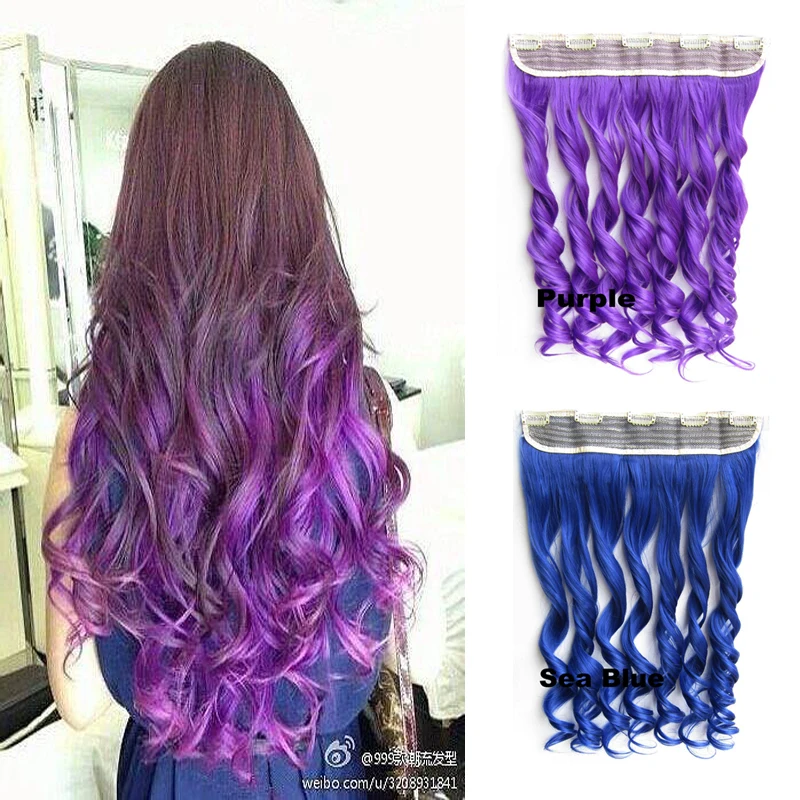 Synthetic Wavy Curly Clip in Hair Extensions Heat Resistant Fiber Colorful Hair Pink Blue Purple Red Hair Extention 24inch 120g