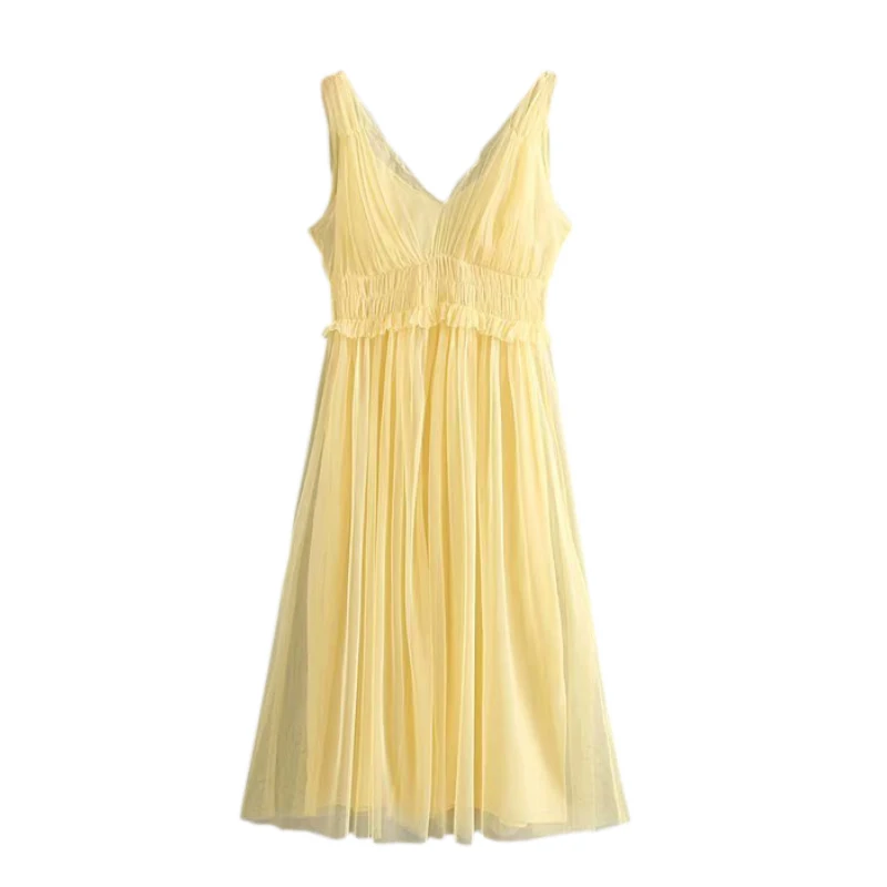 

Women Sweet Solid Yellow Sleeveless Mid Calf Dress V Neck Backless Chic A Line Elastic Waist Dresses FFZYQ351
