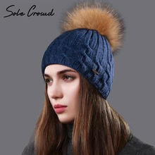 Подошва толпы зимние вязаные шерстяные женские головные уборы из натурального меха енота помпонами Шапки женская теплая шапка двойной слой толстые вязаные круглые шапки без полей для верхняя одежда