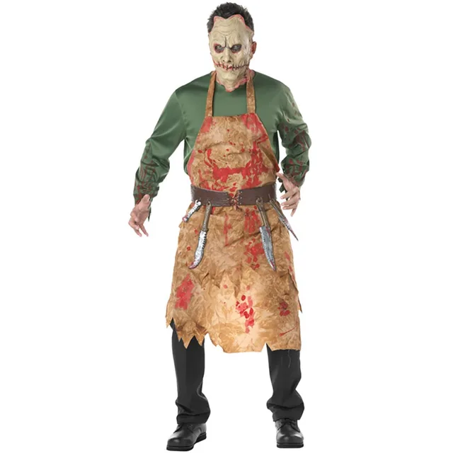 adult bloody butcher costume horror ghoul killer costume scary halloween fancy dress shirt mask apron belt