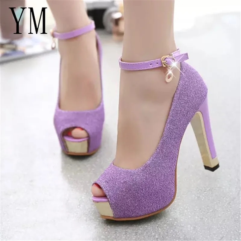 

Ankle Strap Women Pumps High Heels Paillette Wedding Shoes Purple Stiletto High Heels Peep Toe Women Heel Sandals Ladies Shoes
