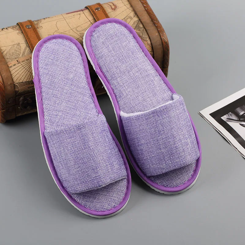 10 pairs Disposable Slippers Hotel Beauty Salon Room open toe Slippers Washable Non-slip Comfortable Couple men Travel Slippers - Color: purple