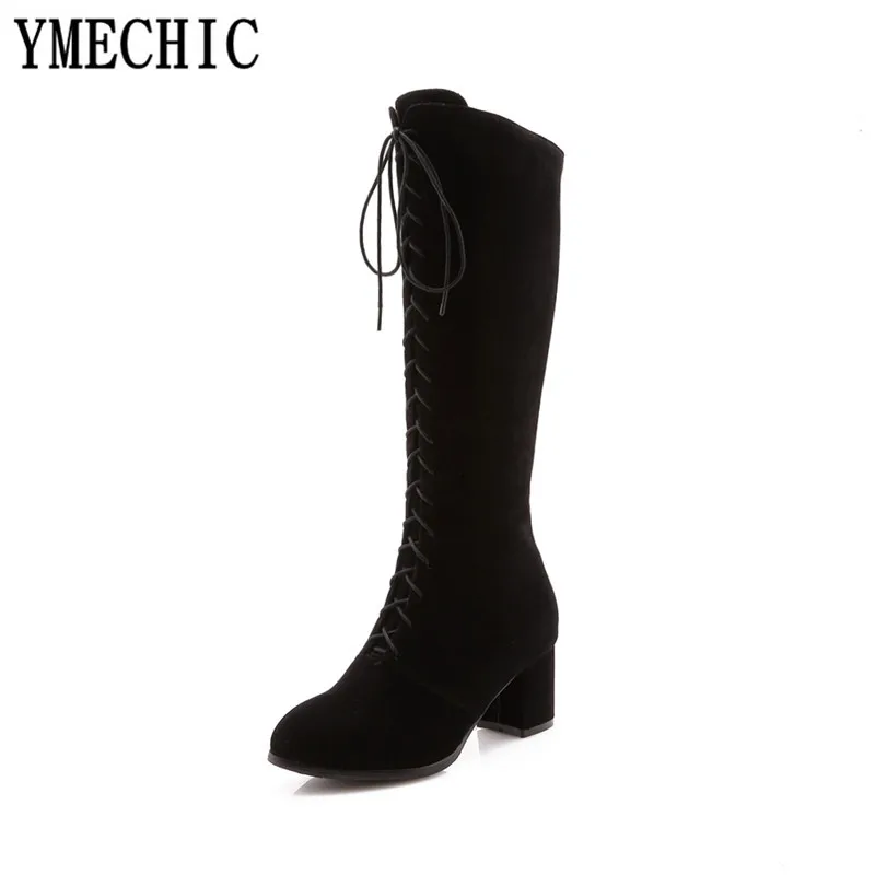 Модные рыцарские сапоги YMECHIC 2018 на высоком массивном блочном каблуке женская
