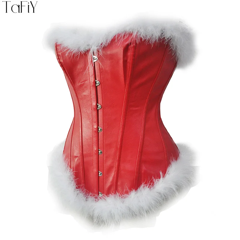 

TaFiY Sexy Xmas Corset With Feather For Women Faux Leather Waist Corset Chritmas Corset And Bustier Outwear Overbust Corset Top