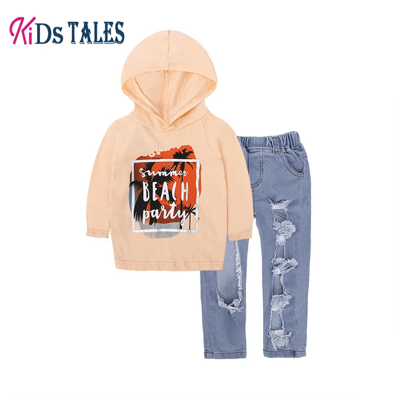 

Kids Tales Hoodies set for Baby Girls autumn botton long sleeve children clothes Hooded clothing Sweatshirt suit with hole jeans