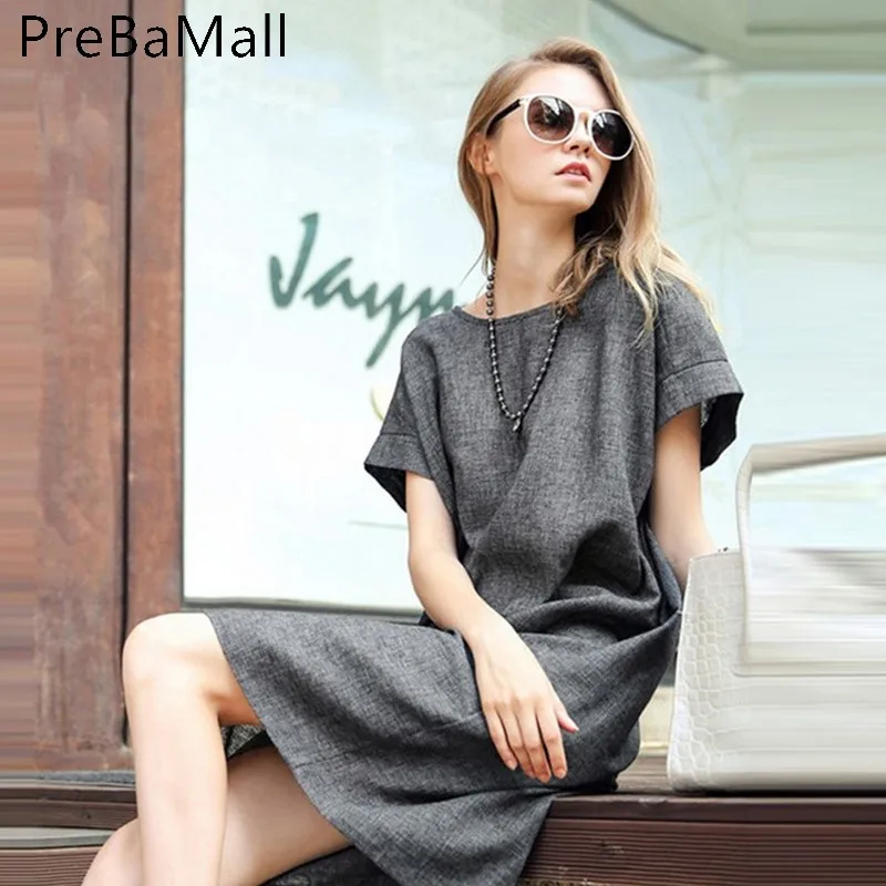 

2019 Fashion Summer Dress Women Solid Linen Elegant Short Sleeve Loose Loose Dresses Grey Streeetwear Vestidos Hot Sale C193