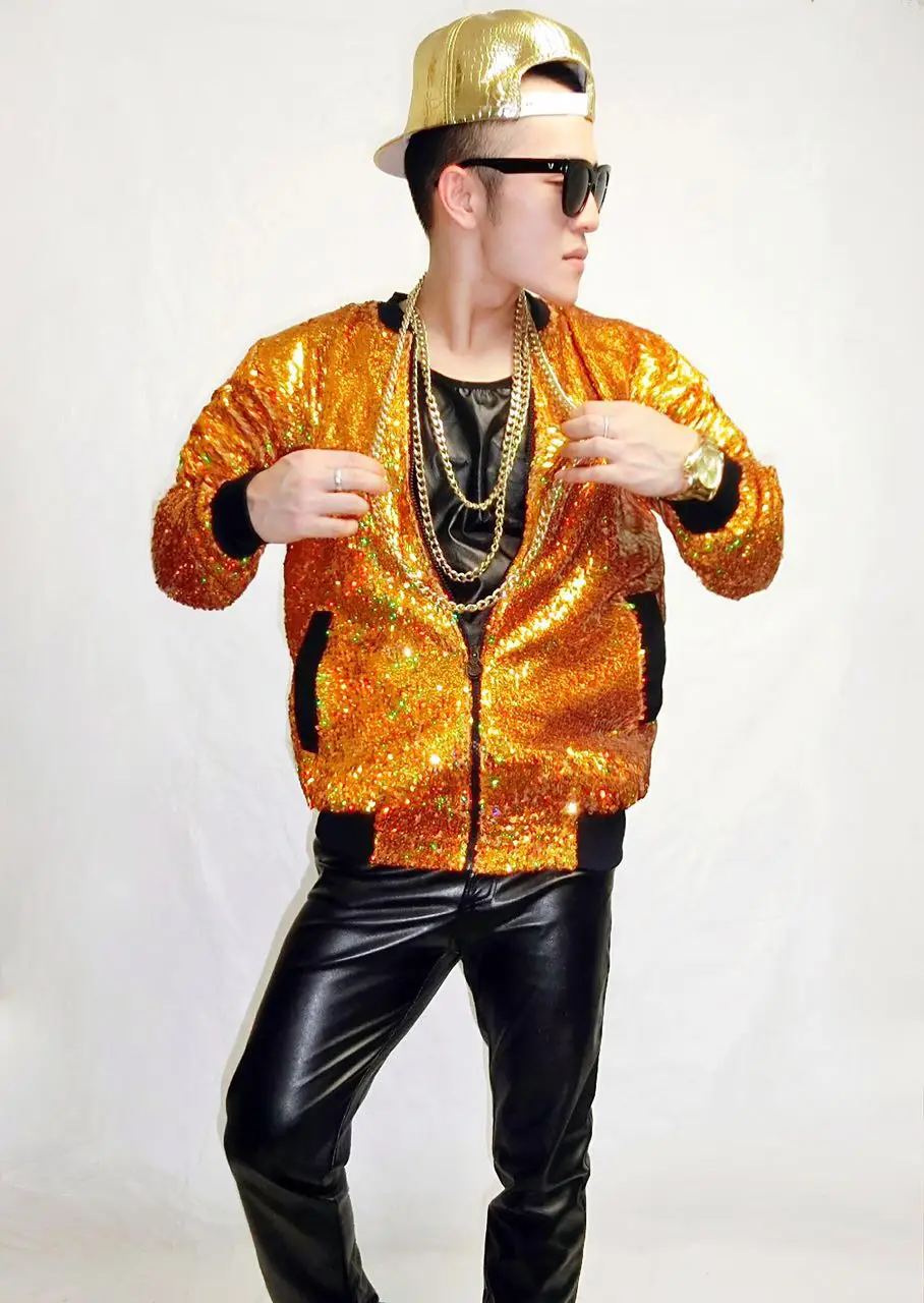 Fashon Cool Male Singer Dj Colorful Laser Gold Sequins Baseball Coat