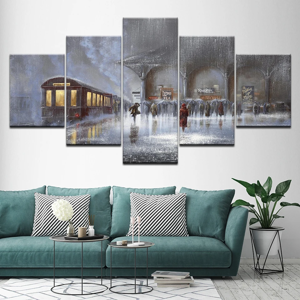 Картина на холсте snow city street train station 5 шт. настенная живопись модульные обои постер