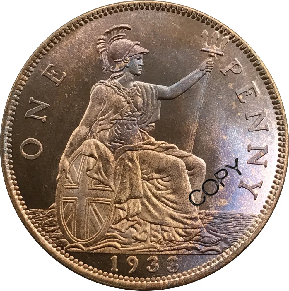 Великобритания 1 пенни Джордж V 1933 Гладкий край красная медная копия монеты