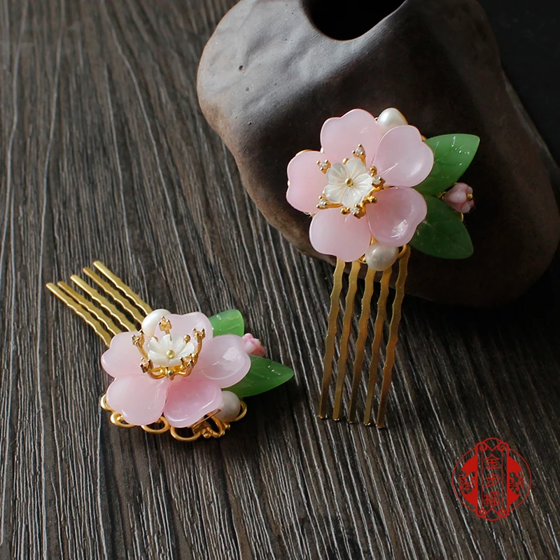 Chinese style vintage pink Cherry blossoms Pearls handmade Hairpin hair Comb hair sticks Hair accessories Headwear for kimono