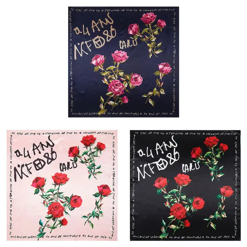 

Women Satin Sunscreen Shawl Twill Jacquard Rose Flower Letter Square Neck Scarf European Pastoral Style Handbag Ribbon Headscarf