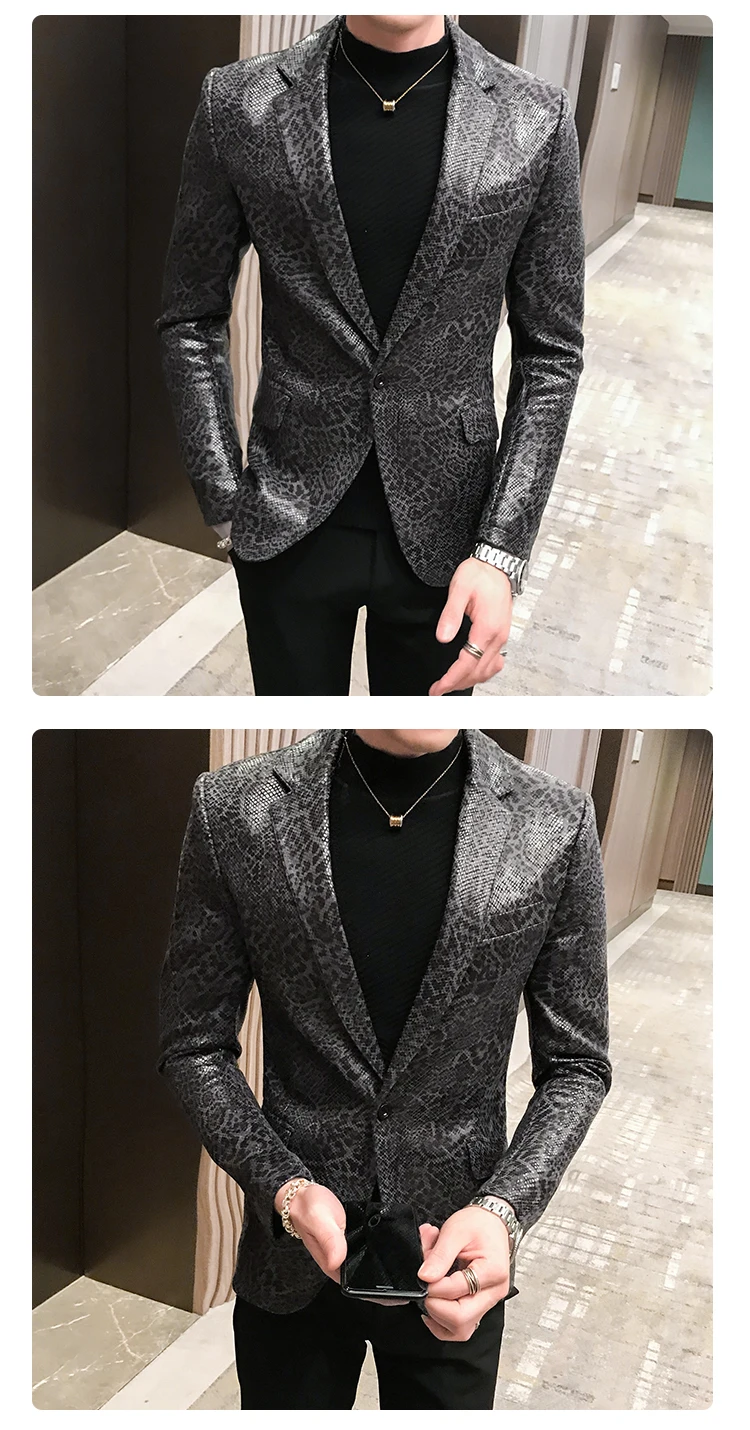 Autumn Leopard Print Mens Blazer Skin Suit Jacket Leather Stage Costumes For Singers Loose Coat Blaser Homens Terno Masculino